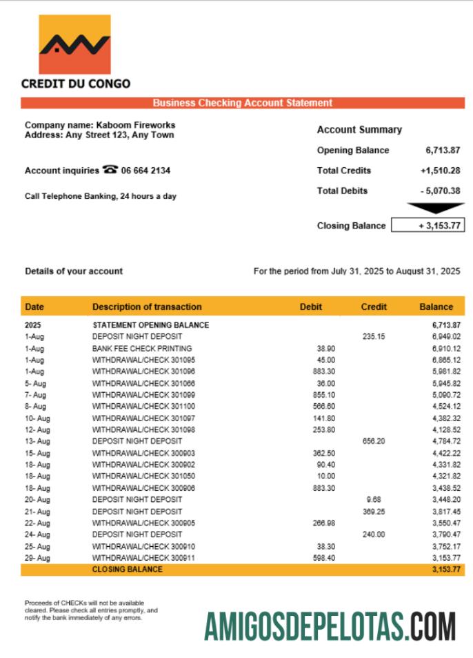 Realista Congo Credit Du Congo Bank Business modelo de extrato de conta Word e PDF